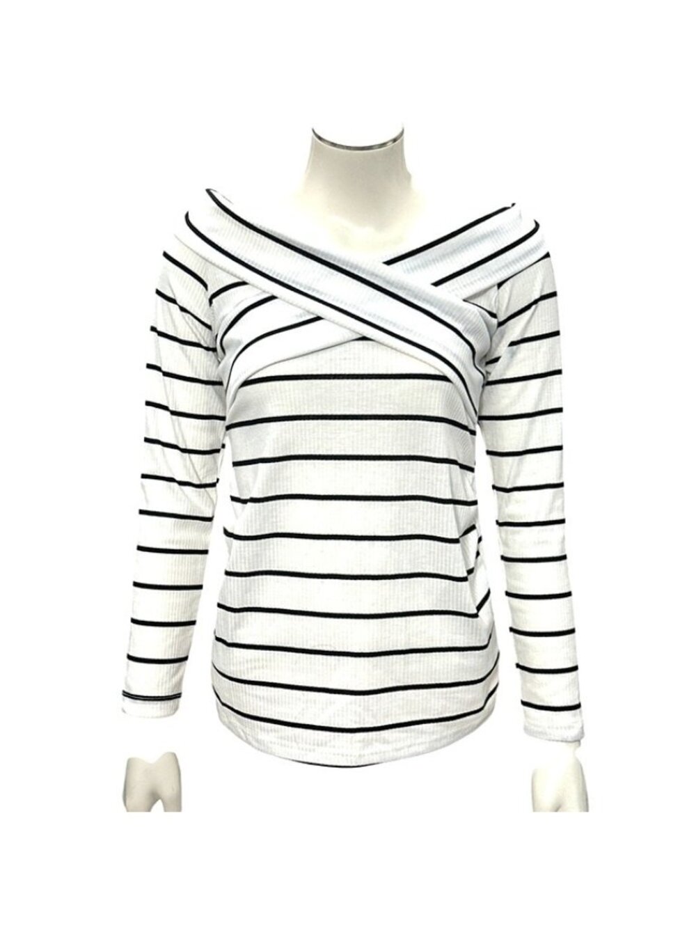 Striped White Black Long Sleeve Off Shoulder Ribbed Knit Top Slim Fit Trendy Loo